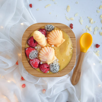 Bamboo baby suction bowl and spoon set - Yellow