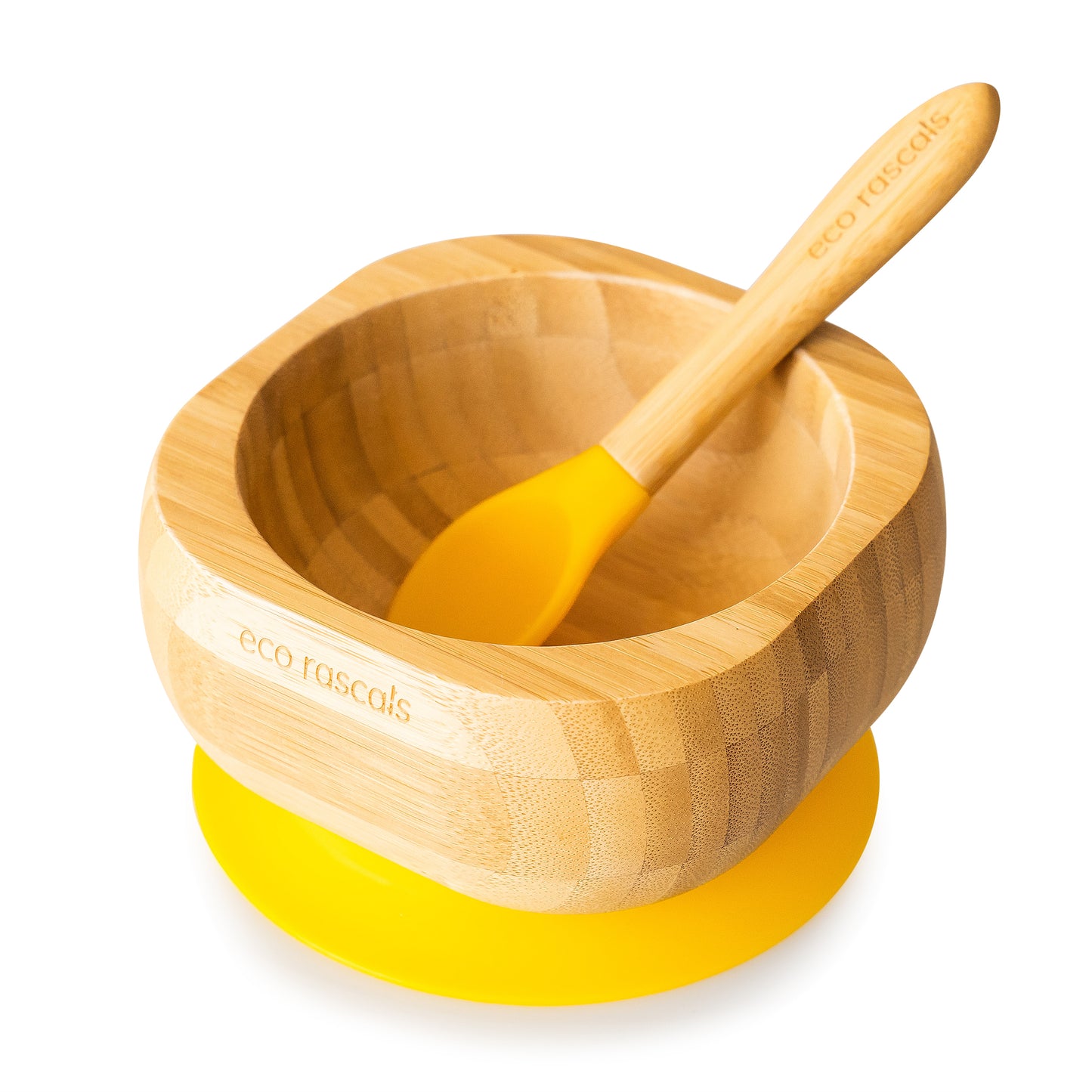 Bamboo baby suction bowl and spoon set - Yellow