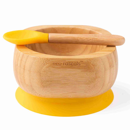 Bamboo baby suction bowl and spoon set - Yellow